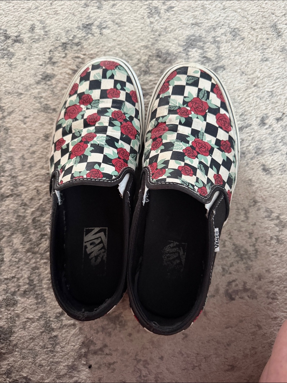 Vans womens Slip-On Sneakers in Black, White & Red Rose Print